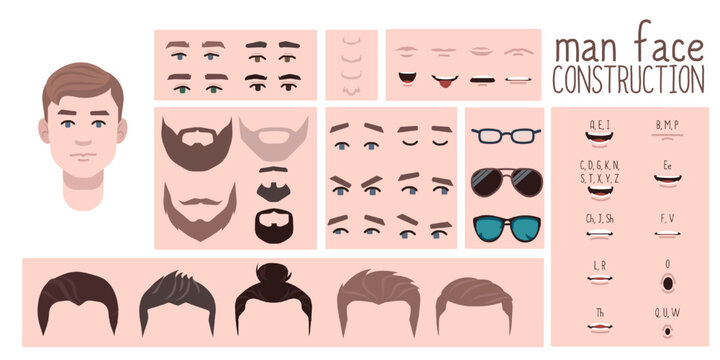 Man face constructor, avatar of  male character creation hairstyle, nose, eyes with eyebrows and lips. Facial elements for construction. Cartoon set suitable for animation and lip sync speaking.