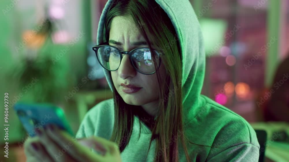 Poster Company, hacking and woman in information technology with phone for cyber crime, report and fraud. Office, data theft and hacker with network breach for unauthorised, access and server malware update
