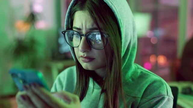Company, hacking and woman in information technology with phone for cyber crime, report and fraud. Office, data theft and hacker with network breach for unauthorised, access and server malware update