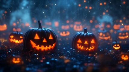 Naklejka premium Jack-O'-Lanterns Glowing in a Mystical Forest