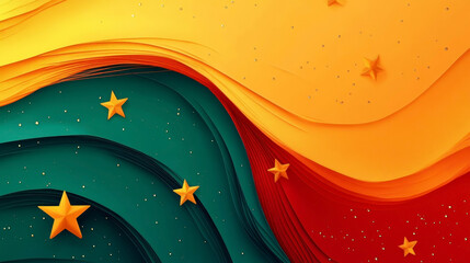 Happy Independence day of Cameroon. Horizontal banner. Copy space. Abstract green, red and yellow background with stars. Paper layered illustration. Cameroon flag. For greeting card, poster, web