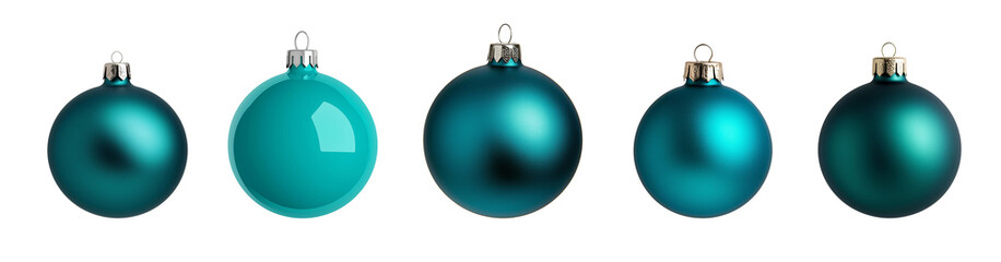 Fototapeta premium Set of teal Christmas baubles with different textures isolated on transparent background. Holiday and New Year decoration concept.