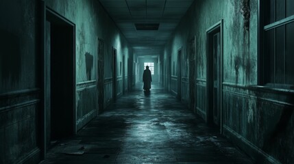 A shadowy figure walks down a dark and eerie hallway.