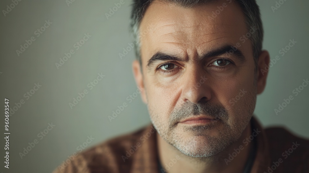 Poster the man gazes thoughtfully ahead, embodying a serious expression that suggests deep contemplation on