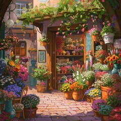 Flower shop. Bouquets and flowerpots. AI generative.