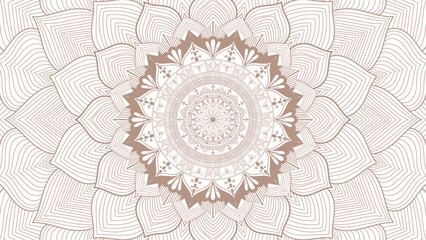 Round mandala on dreamy peach fuzz gradient background. Translucent mesh pattern in the form of a mandala. Mandala with floral patterns. Pastel Yoga template. Gradient background with round mandala