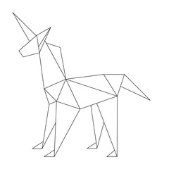 Origami paper style Unicorn black line pattern, isolated on white background. Magical fantasy cute animal icon.