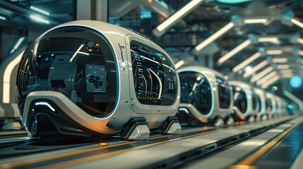 Fototapeta premium Futuristic Pods on a Conveyor Belt in a Factory