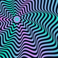 Glowing abstract flower optical illusion psychedelic bright neon gradient pattern, isolated on dark violet background. Decorative stylish card.
