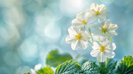 Obraz premium Macro image of white primroses in a spring forest on a soft light blue backdrop. Floral scenery for wallpaper or postcard with an artistic touch and room for text.