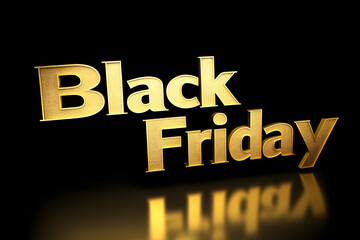 Obraz premium Black Friday sale in bold 3D gold letters with a reflective surface on a black background