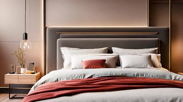 Interior of modern trendy bedroom in house or hotel with big bed and windows. AI generated.