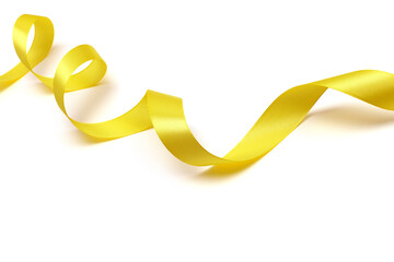 Yellow gold color wave silk ribbon bow with light shadow on white background.