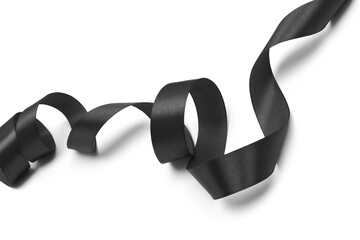 Black color wave silk ribbon with light shadow on white background.