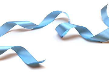 Blue color wave silk ribbon bow with light shadow on white background.