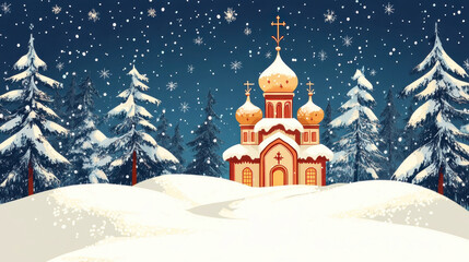 Fototapeta premium Orthodox church in winter landscape. Flat illustration. Orthodox Christmas. Horizontal banner. Free space for text. Christmas holiday concept. Religious greeting card