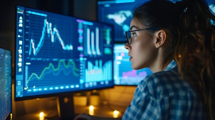 Woman looking at computer blue screen with charts and dashboard