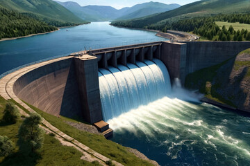 Itaipu Binacional hydroelectric power station in Foz do Iguazu Brazil, border Paraguay. Panoramic view of modern giant dam on Parana river, South America. Hydro electrification concept. Copy ad space