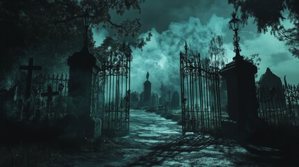 A Foggy Night at an Open Graveyard Gate