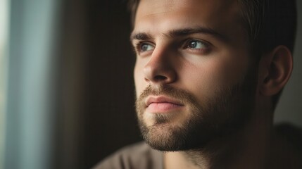 Obraz premium A man with a serious expression looks thoughtfully out a window, lost in contemplation amidst the calm of an afternoon. Generative AI