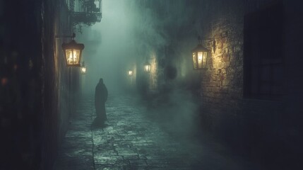 A Silhouette Figure Walking Down a Foggy Alleyway at Night