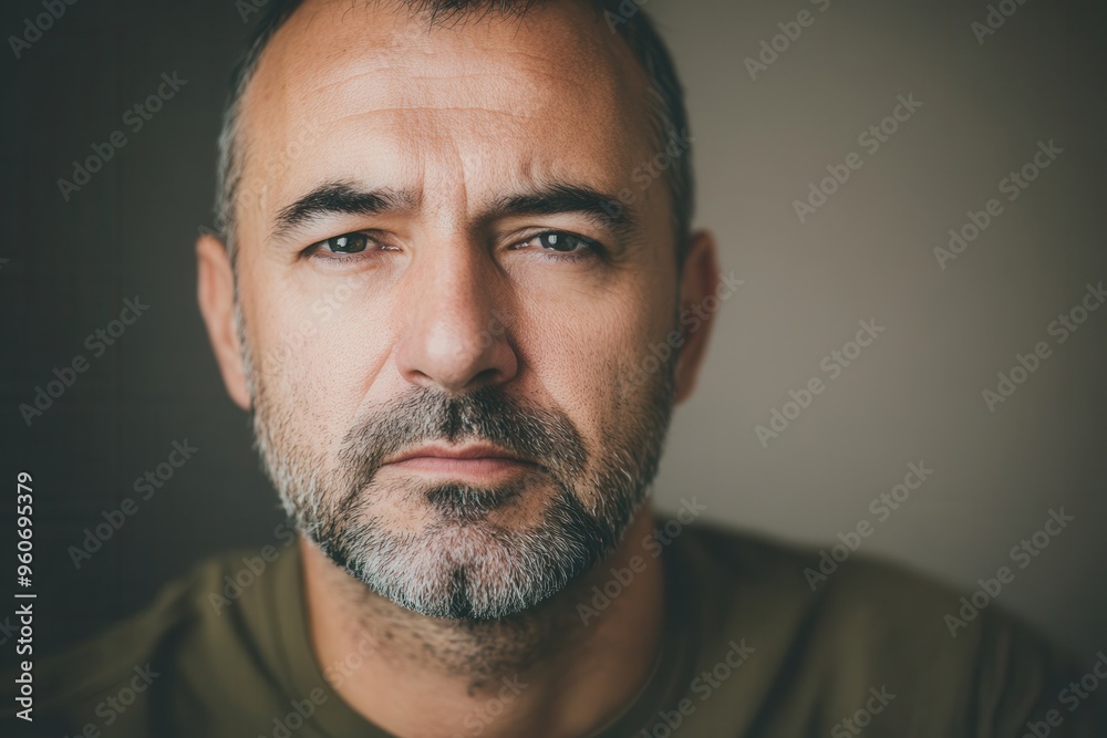 Aufkleber a man gazes thoughtfully with a serious expression, reflecting deeply in a softly lit indoor environ