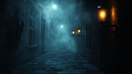 Fototapeta premium Foggy, dimly lit alleyway with streetlights and a shadowy figure