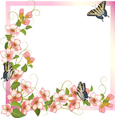 Frame with sakura flowers and butterflies.Colored frame with sakura flowers and butterflies in vector illustration.