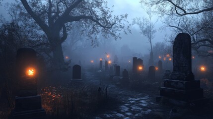 A Foggy Graveyard Path Lit by Glowing Jack-o'-Lanterns