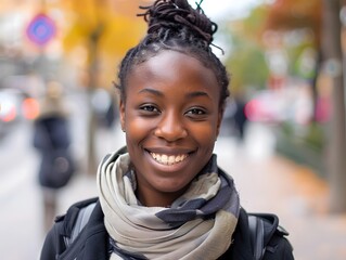 Young black woman smile face portrait on street