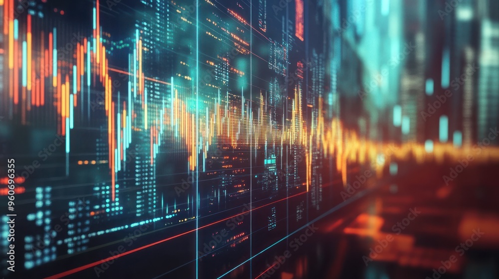 Aufkleber Abstract Digital Data Visualization with Glowing Lines and City Lights in the Background