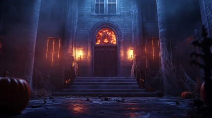 Haunted House Entrance with Burning Window and Pumpkins