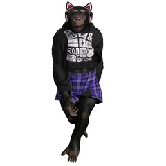 A 3d rendered female chimp dressed in cool urban clothes with a tartan skirt a hoodie and headphones with cat ears.