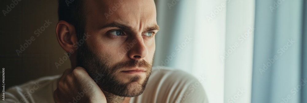 Aufkleber a man sits pensively with a serious look, deep in thought while gazing out a window on a calm aftern