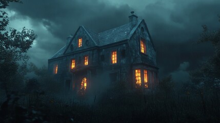 A Haunted House in a Foggy Forest at Night