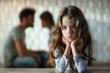Obraz premium Little girl cries with parents arguing - Domestic violence and divorce