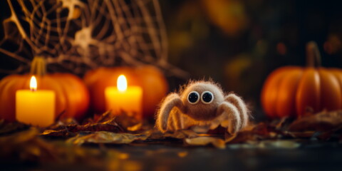 Cute little spider with pumpkins and candles. Halloween felt toy monster. Adorable spider with copy space for text. For Halloween banner, background, card