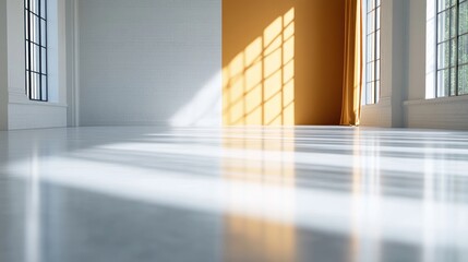 Obraz premium Sunlight casts striking shadows across the sleek floor of a modern room with orange and white features