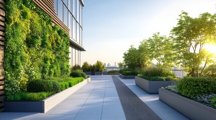 a city rooftop garden featuring green walls and modular planters