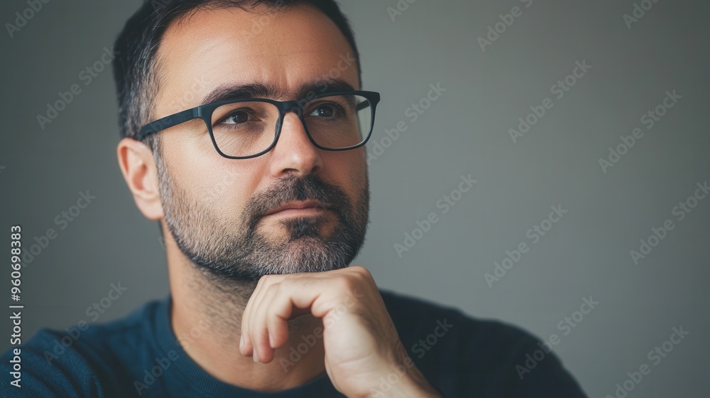 Aufkleber a man displays a thoughtful expression while resting his chin on his hand, lost in serious contempla