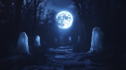 Fototapeta premium Ethereal Glowing Ghosts Haunt a Moonlit Forest Path
