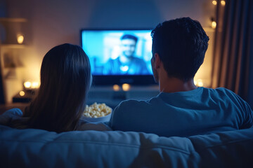 Young couple cuddling on sofa, watching a streaming show on smart TV, popcorn bowl nearby