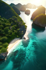 beautiful islands with turquoise water, lush green forest  and rocky cliffs