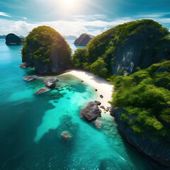 beautiful islands with turquoise water, lush green forest  and rocky cliffs