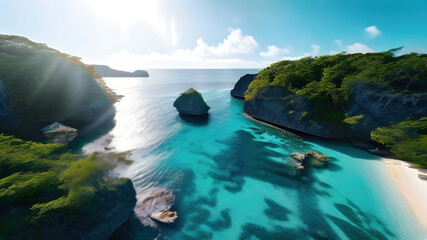 beautiful islands with turquoise water, lush green forest  and rocky cliffs
