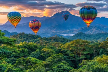 Fototapeta premium Colorful hot air balloons soaring over majestic mountains and picturesque meadows during sunset
