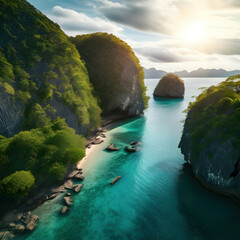 beautiful islands with turquoise water, lush green forest  and rocky cliffs