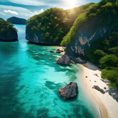 beautiful islands with turquoise water, lush green forest  and rocky cliffs