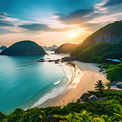 beautiful islands with turquoise water, lush green forest  and rocky cliffs