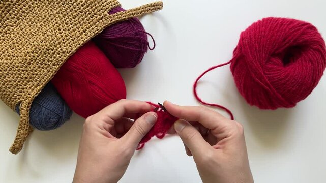The woman knits with red yarn on circular wooden needles. Top view of hands knitting rib and colorful woolen skeins of yarn. Supplies for knitting, crafts, and hobby.